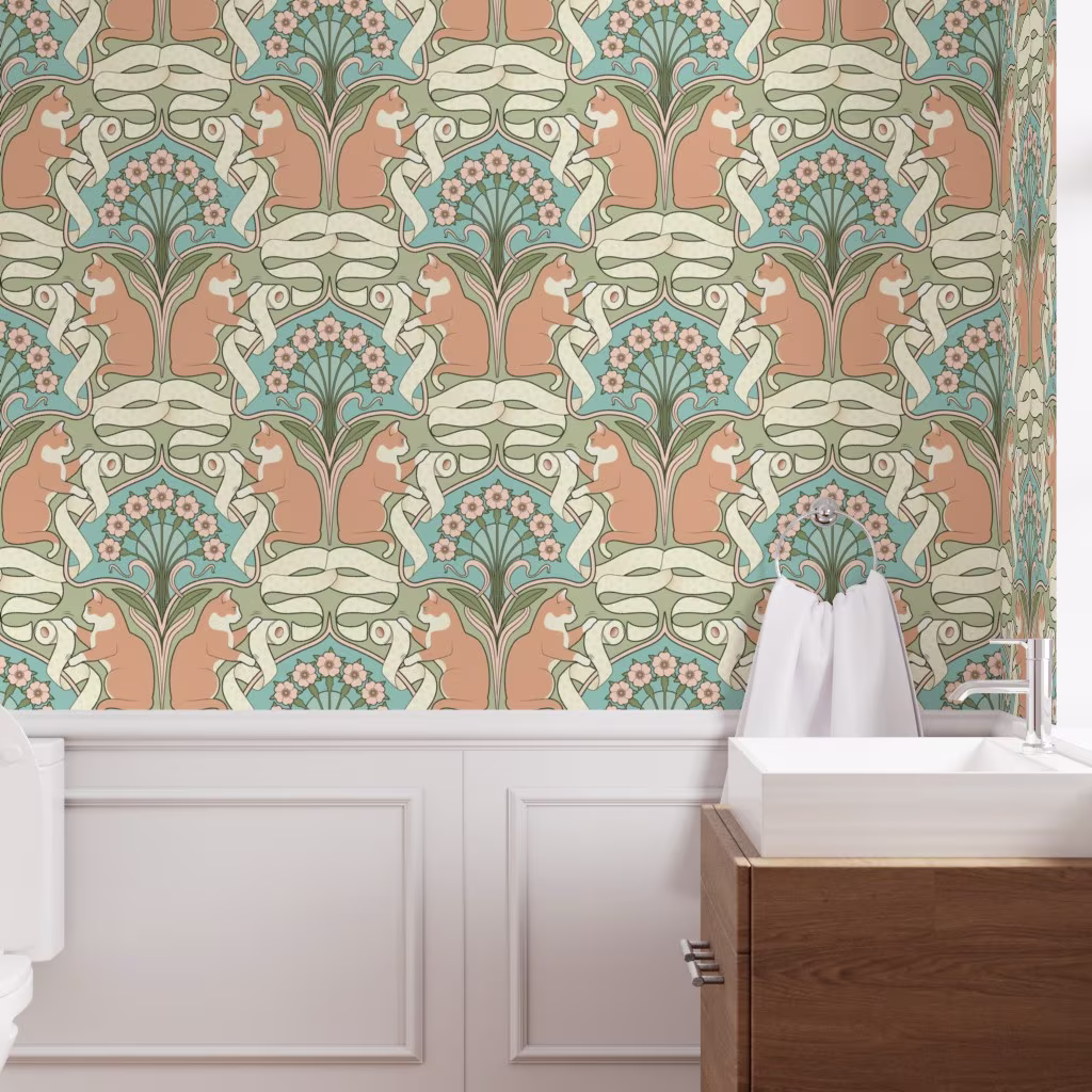 Bathroom with Wallpaper in Cat And Toilet Paper Art Nouveau by mia_valdez.