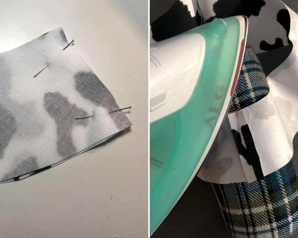 Brim of bucket hat being pinned, sewn, and ironed