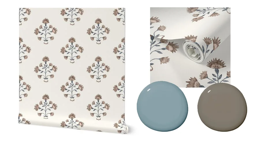 Two swatches of wallpaper (one of the extended roll, one of a design closeup) are paired with two dollops of coordinating paint in a mock-up image. The wallpaper design features repeating blue and orange flowers on a cream background. One paint dollop is