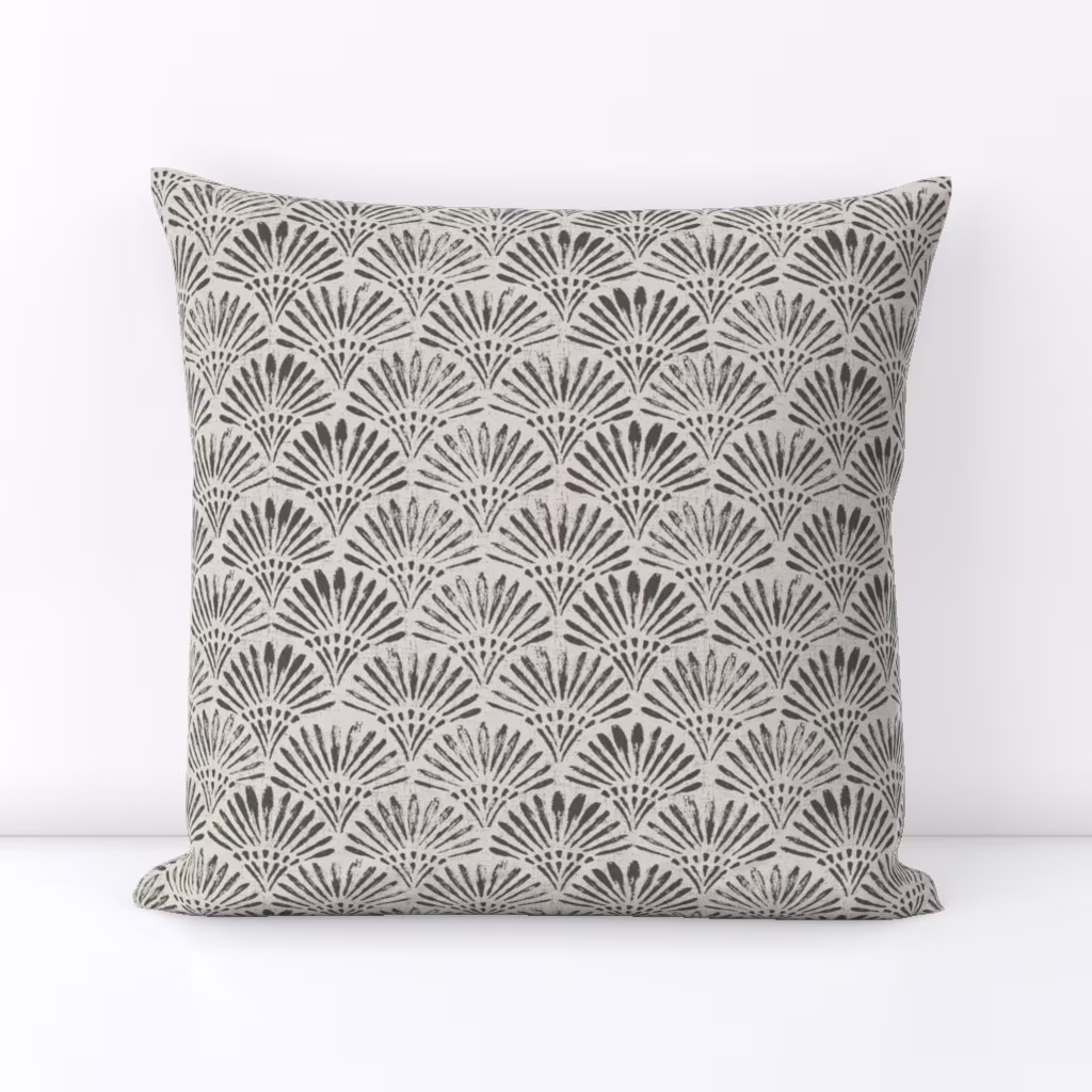 Square throw pillow in charcoal and off white art deco scallop papyrus by apostrofodesign.