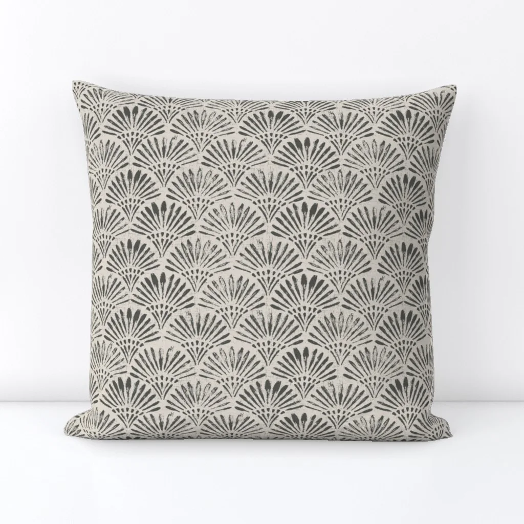 Square throw pillow in charcoal and off white art deco scallop papyrus by apostrofodesign.