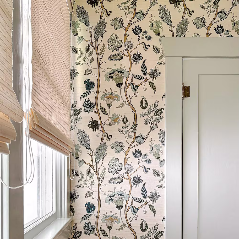 Retro Vine Floral- Sea glass blue on white Wallpaper by jaf_studio
