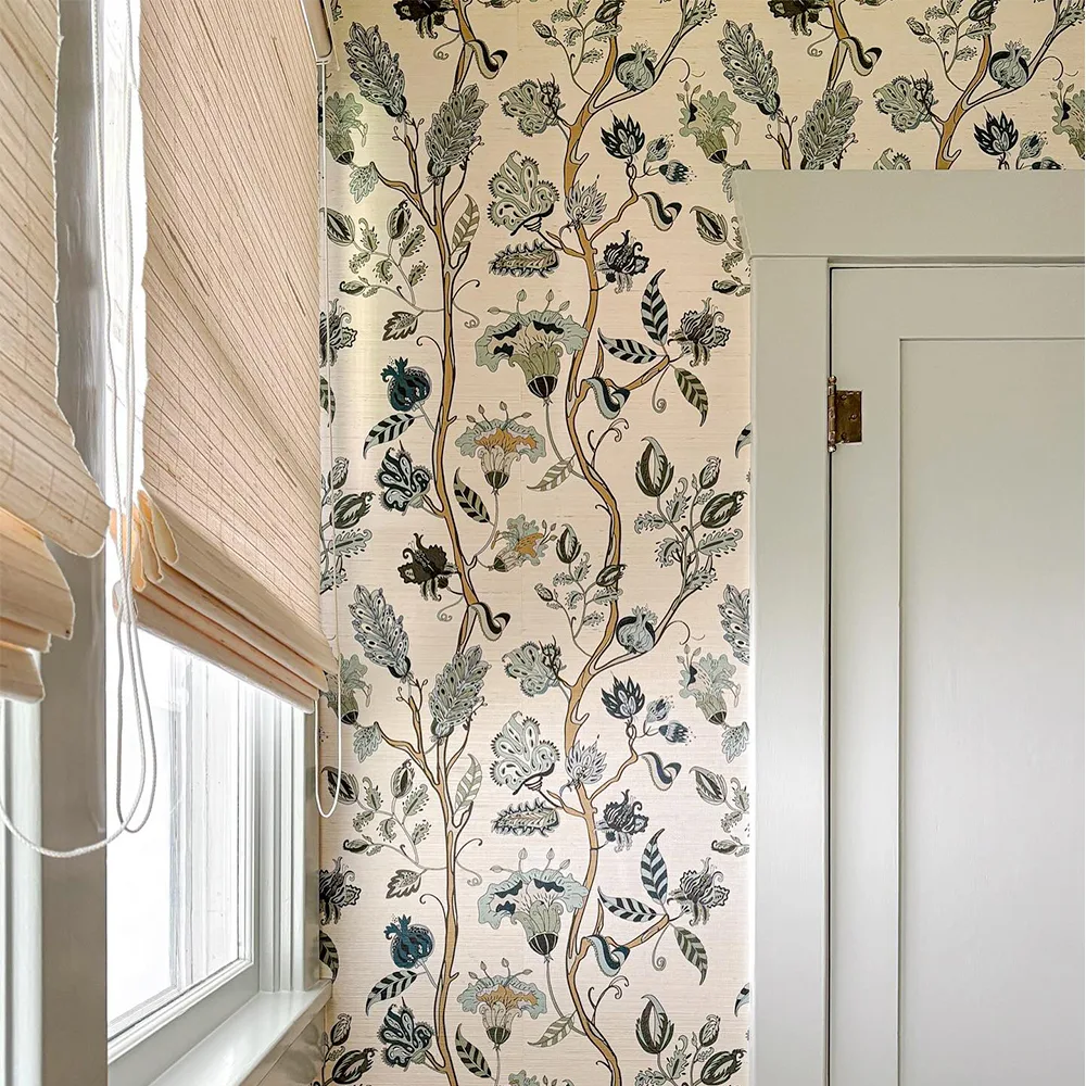 Retro Vine Floral- Sea glass blue on white Wallpaper by jaf_studio