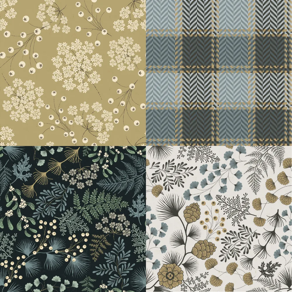 A grid of 4 winter woodland designs from garabateo