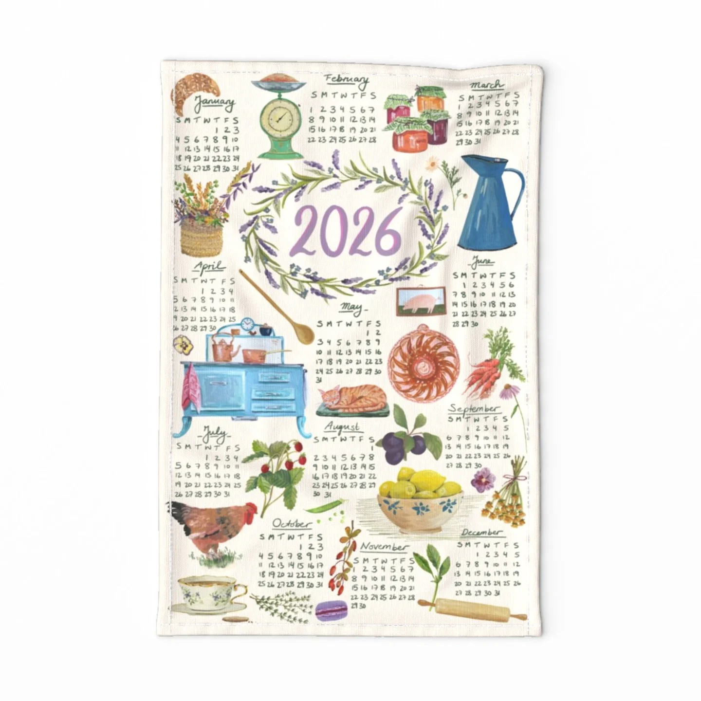 Floral 2026 calendar tea towel