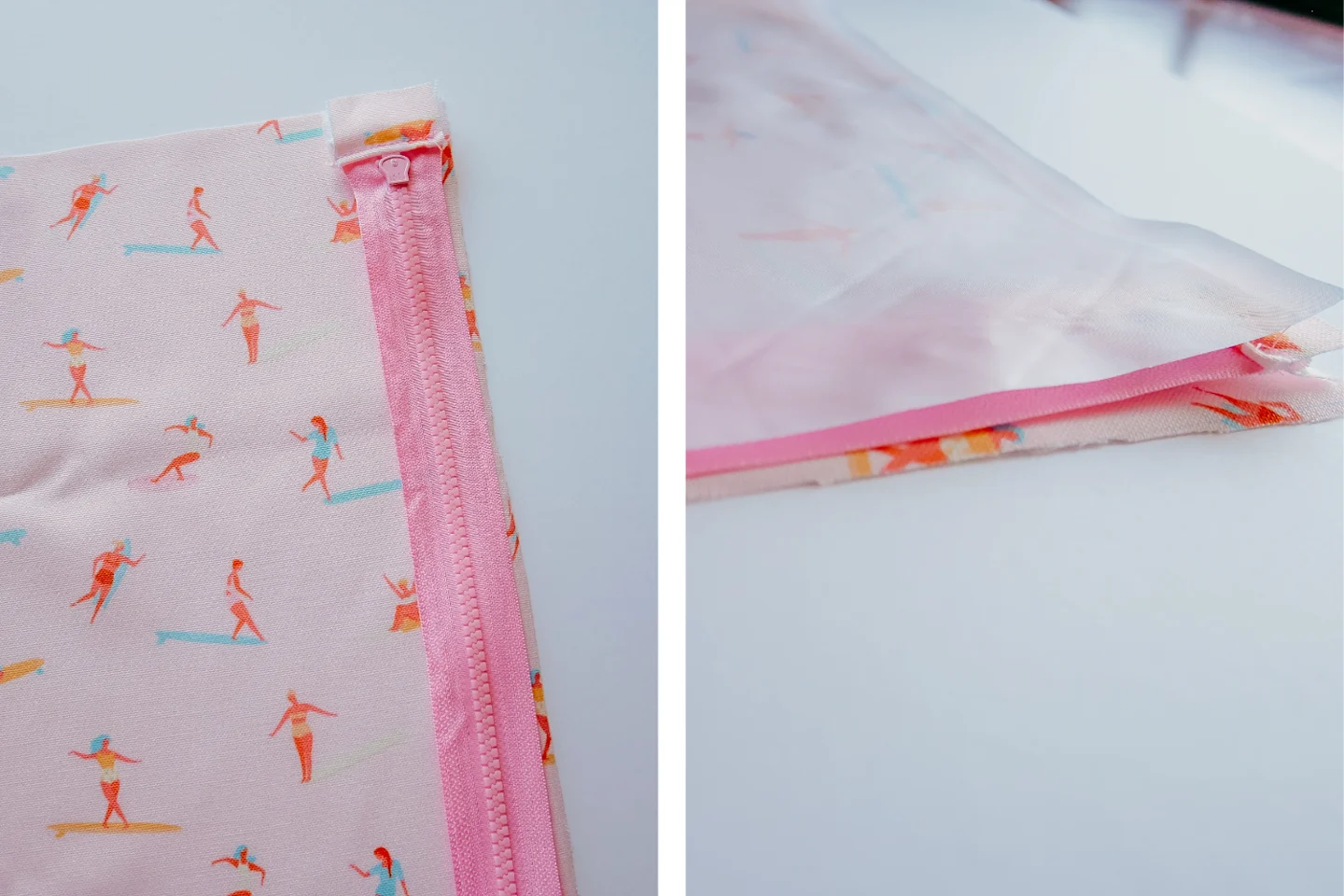 Two images have been combined into one rectangle. On the left, a pink zipper is lying face down on the top right edge of a rectangle of fabric. The fabric features a design with small female surfers surfing through a pink background. On the right, a recta
