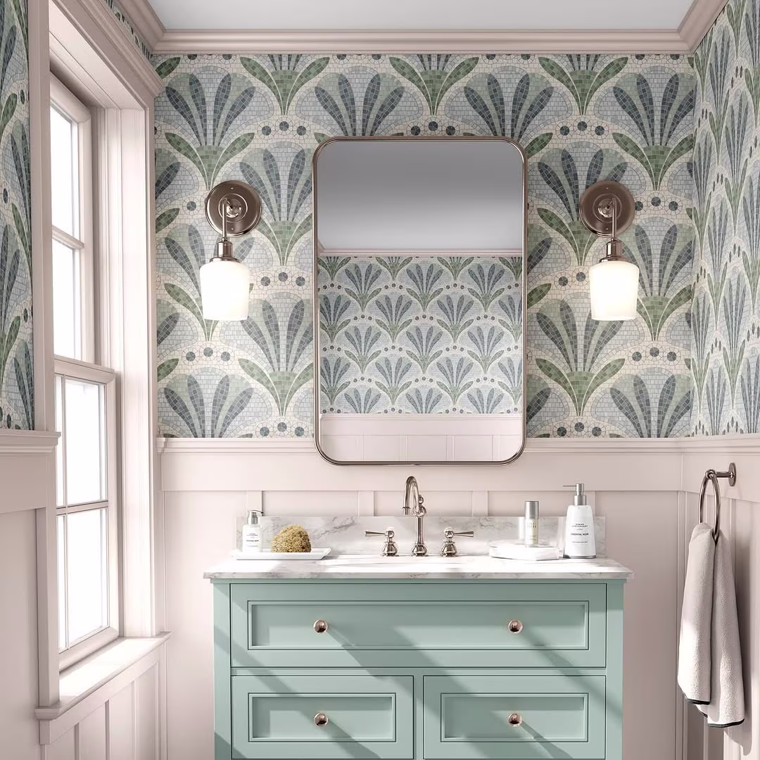 Bathroom with blue tile effect wallpaper by garabateo.