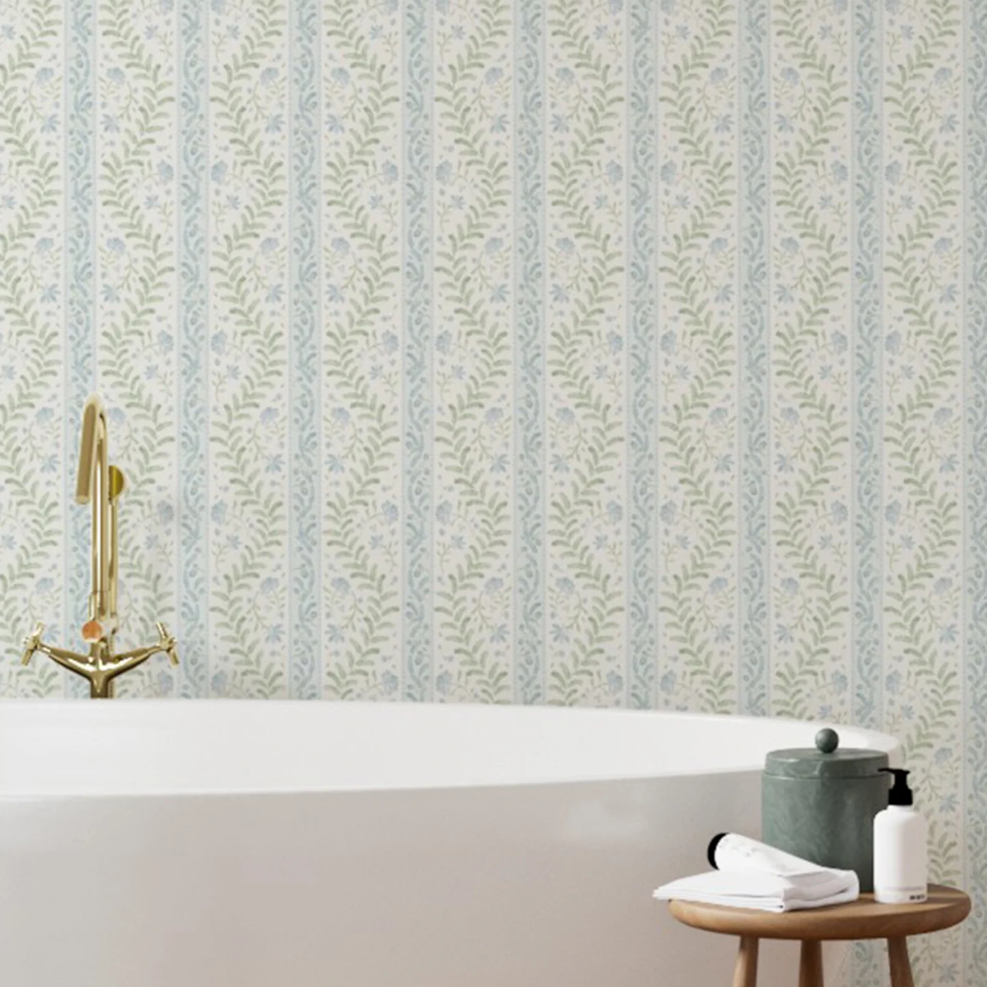 Floral striped wallpaper in a dining area.