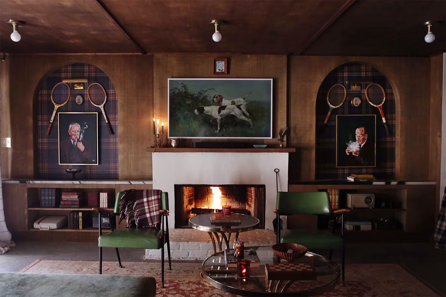 Cozy, traditional living area with wallpaper paneling in a plaid design.