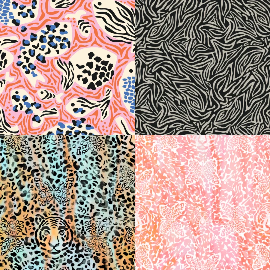 A grid of 4 animal print designs from roochita