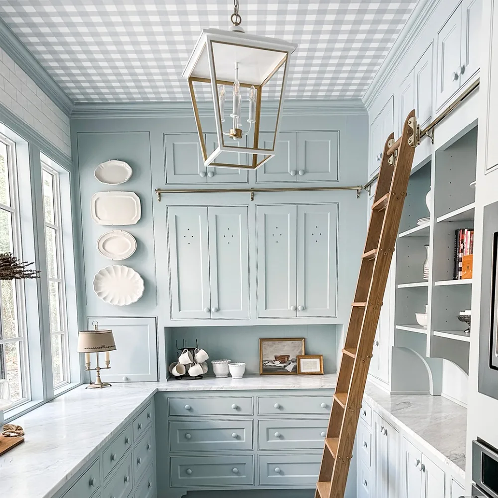 Kitchen with a blue gingham wallpaper on the ceiling.