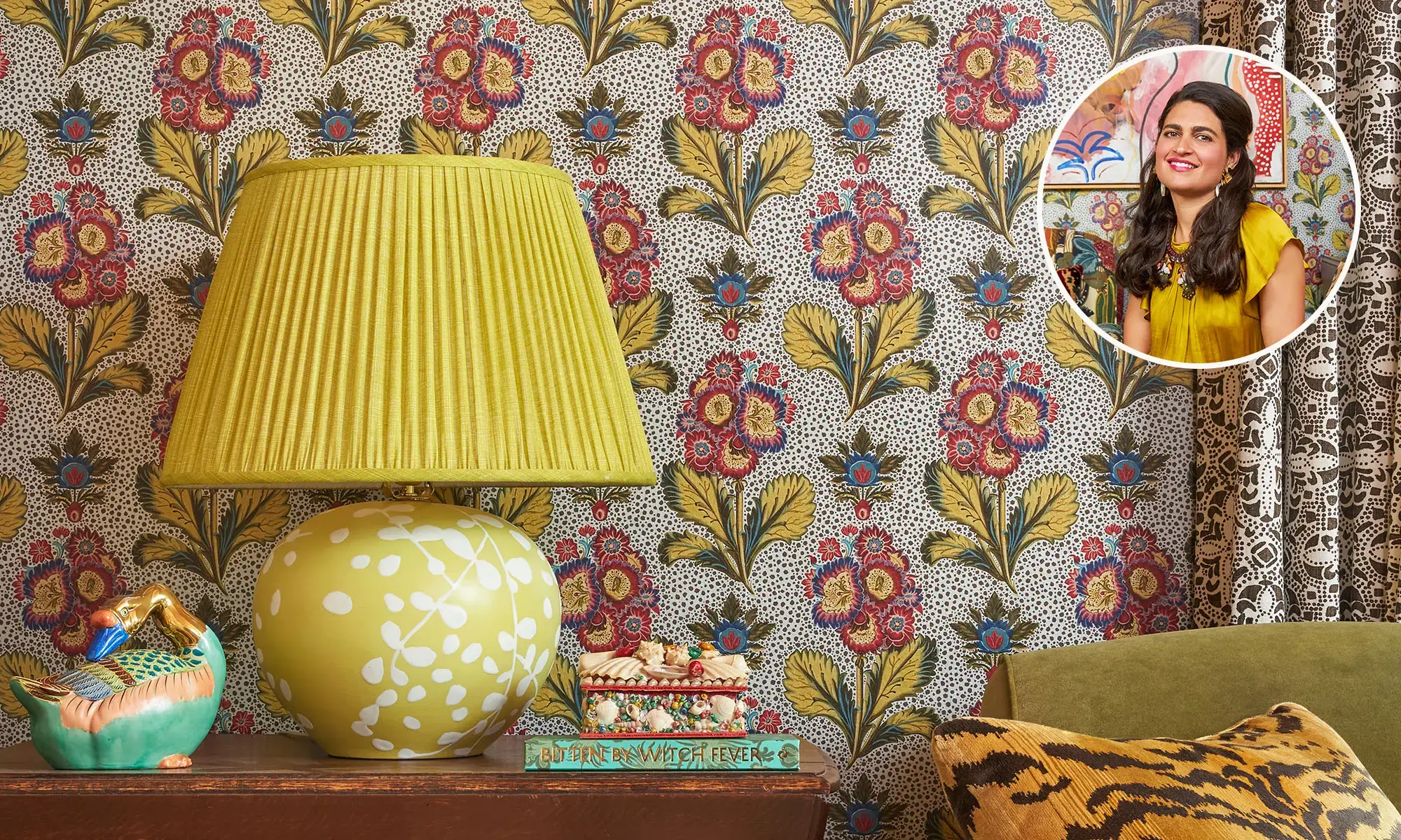 Maximalist metallic wallpapers with Isabel Ladd's portrait