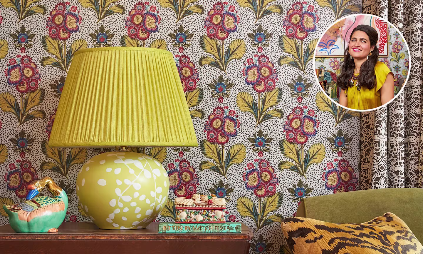 Maximalist metallic wallpapers with Isabel Ladd's portrait