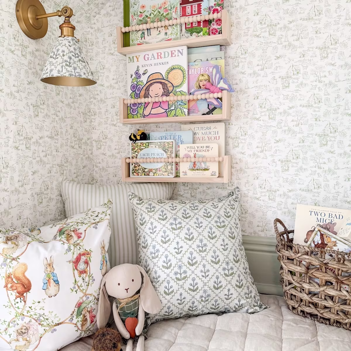 Children's bedroom with storybook wallpaper