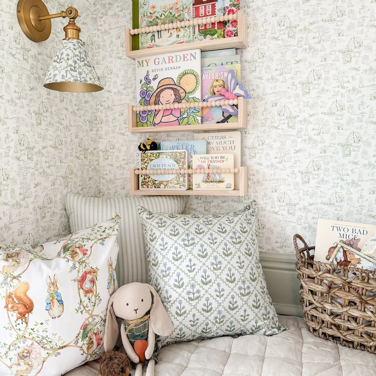 Children's bedroom with storybook wallpaper