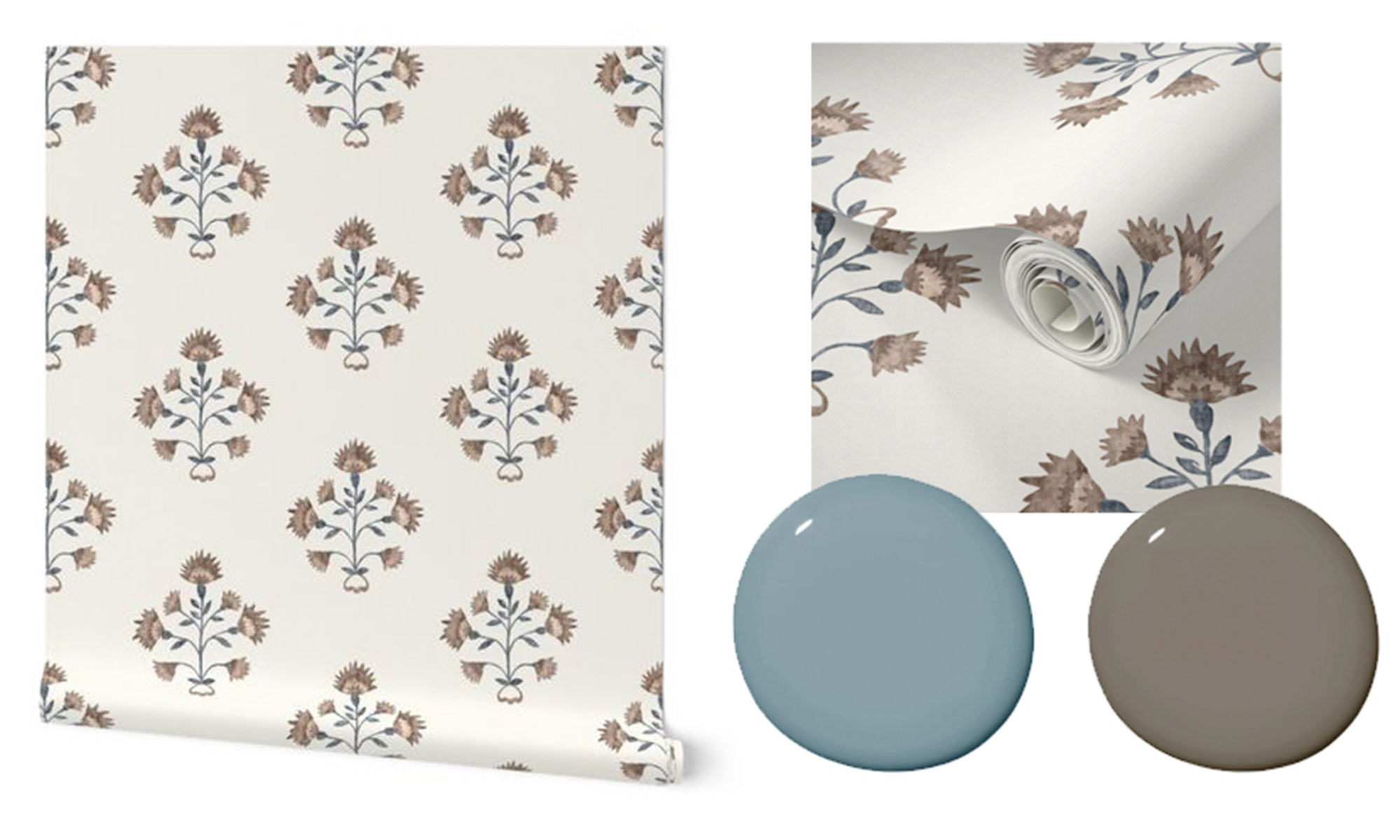 Wallpaper roll and swatches of blue and tan paint that match the wallpaper.