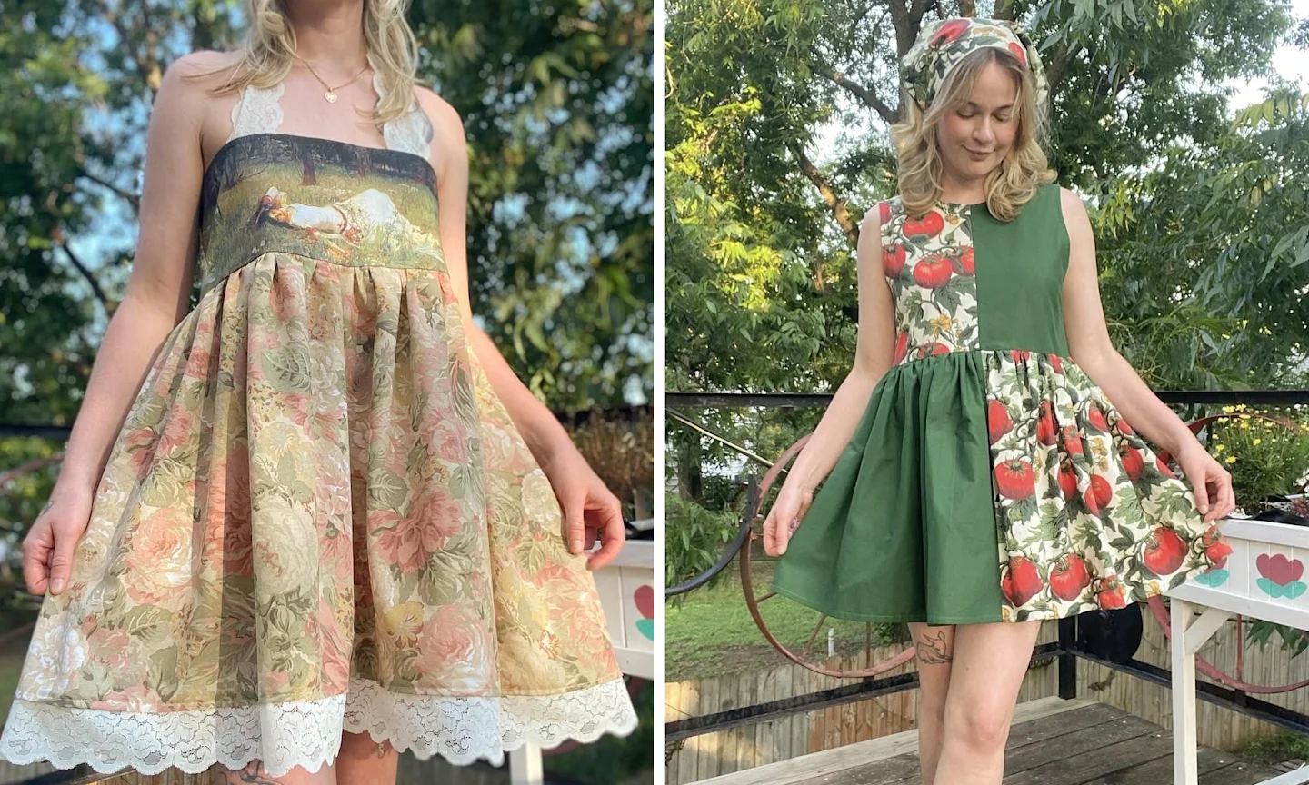 2 images side by side. The left image is a closeup of the top of a tube dress. The fabric of the dress is printed with a painting of a woman in the grass. the right image is a woman with blonde hair, bandana, and a dress with printed tomatoes on it