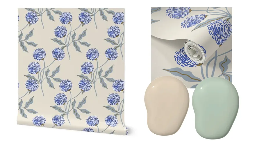 Two swatches of wallpaper (one of the extended roll, one of a design closeup) are paired with two dollops of coordinating paint in a mock-up image. The wallpaper design features a cream background with large repeating blue blooms on green stems. One paint