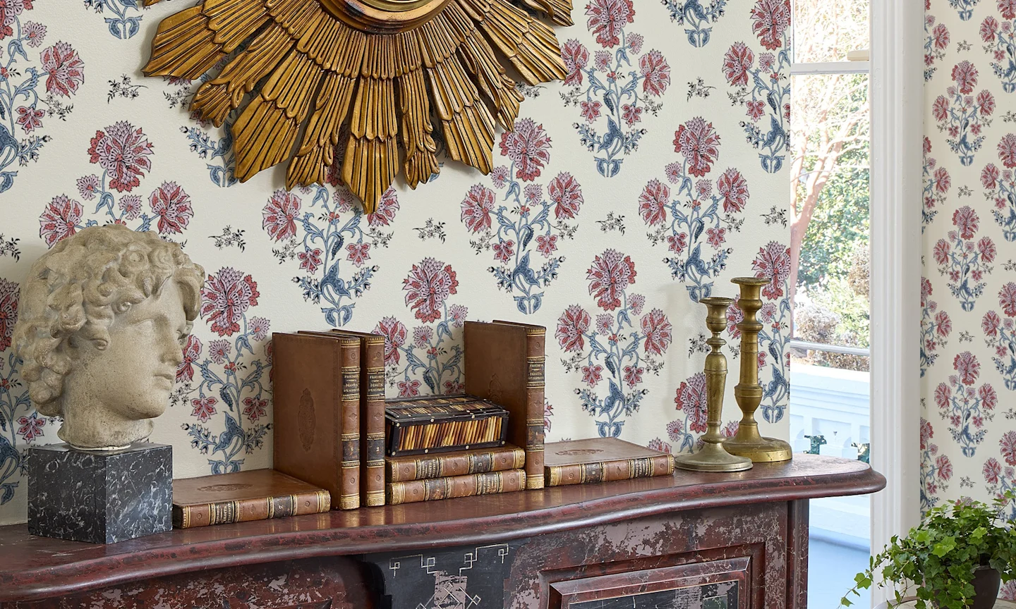Living area with wallpaper in Lucinda Indian Lilac Blues On Cream by danika_herrick.