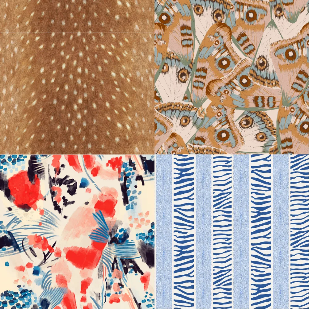 A grid of 4 animal print designs from Spoonflower artists