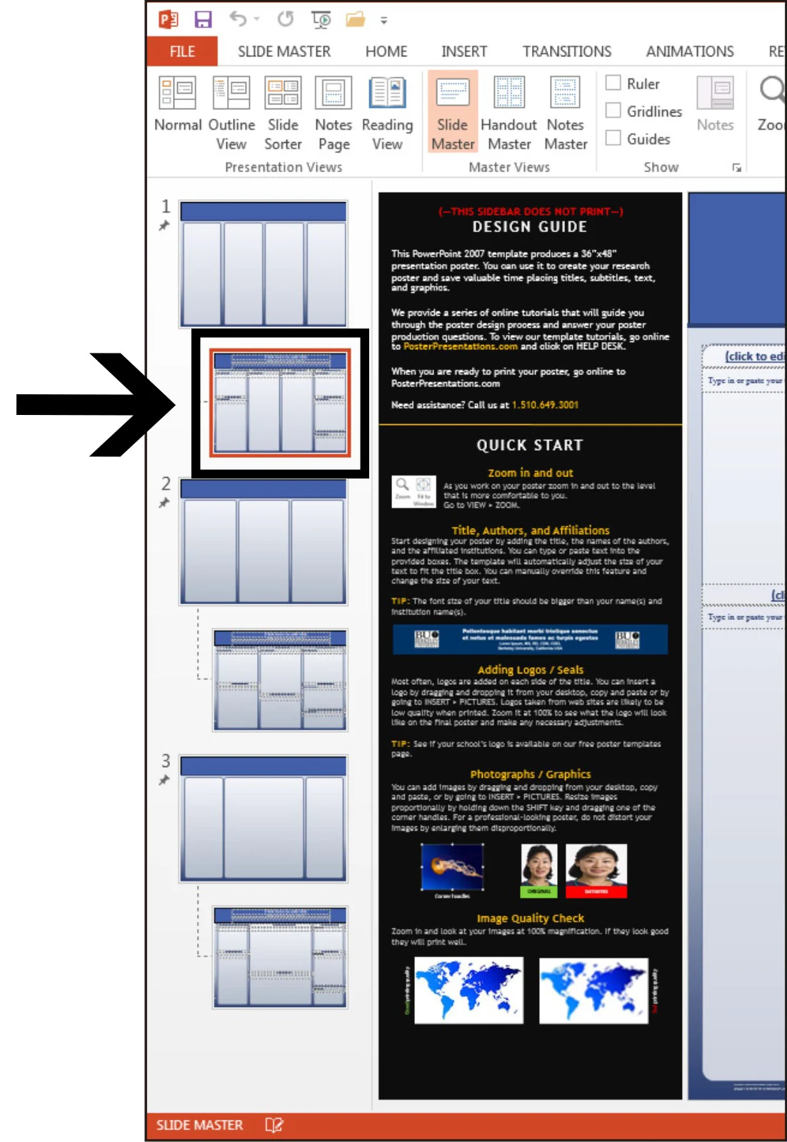 Showing where to click on the sub-slide below the #1 slide to change the default font size/color/etc in the Slide Master view. 