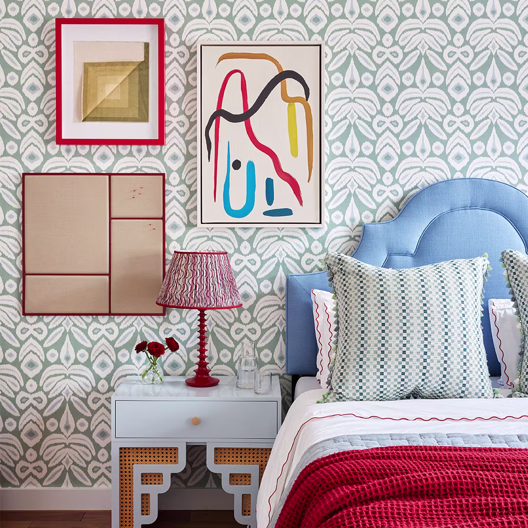 Bedroom with Spoonflower wallpaper
