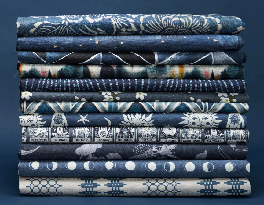 Stack of blue fabrics