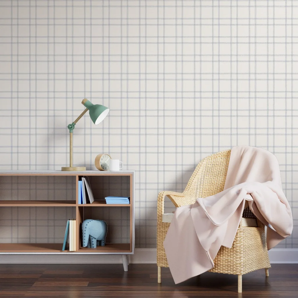 Navy plaid wallpaper in a dining area.