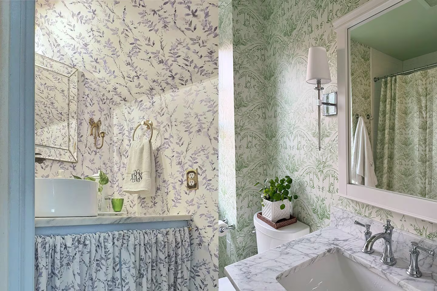 Two bathroom exhibiting a pattern drenching effect with wallpaper and fabric.