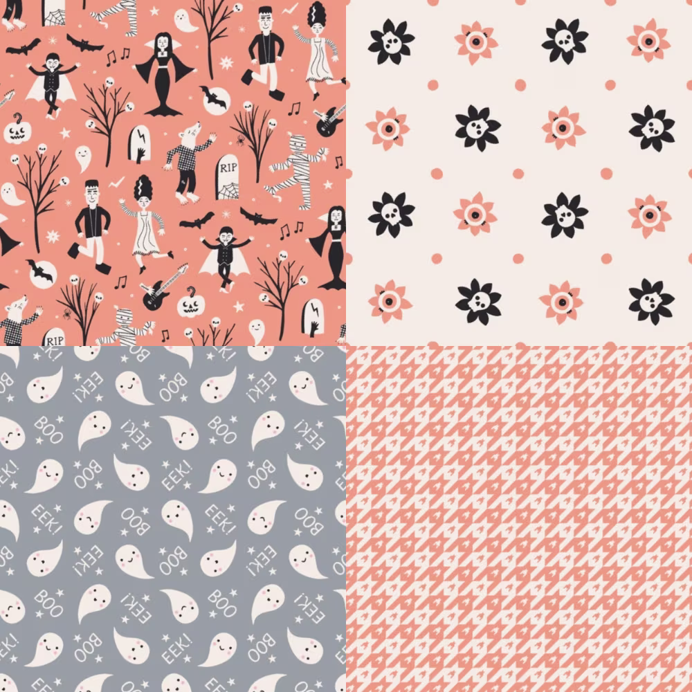 Ghosts, vampires, bats and skull print designs for Halloween.