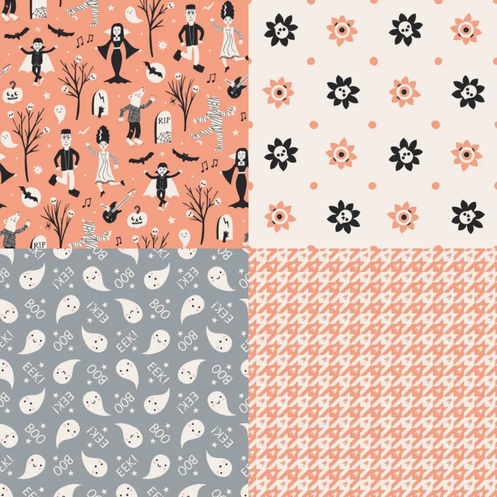Ghosts, vampires, bats and skull print designs for Halloween.