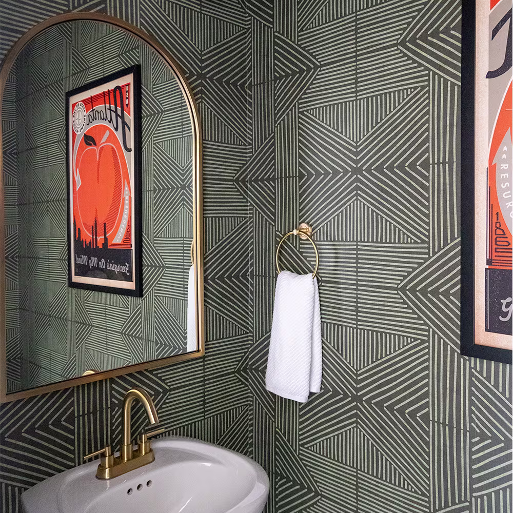 Olive Green Mudcloth Wallpaper in a bathroom.