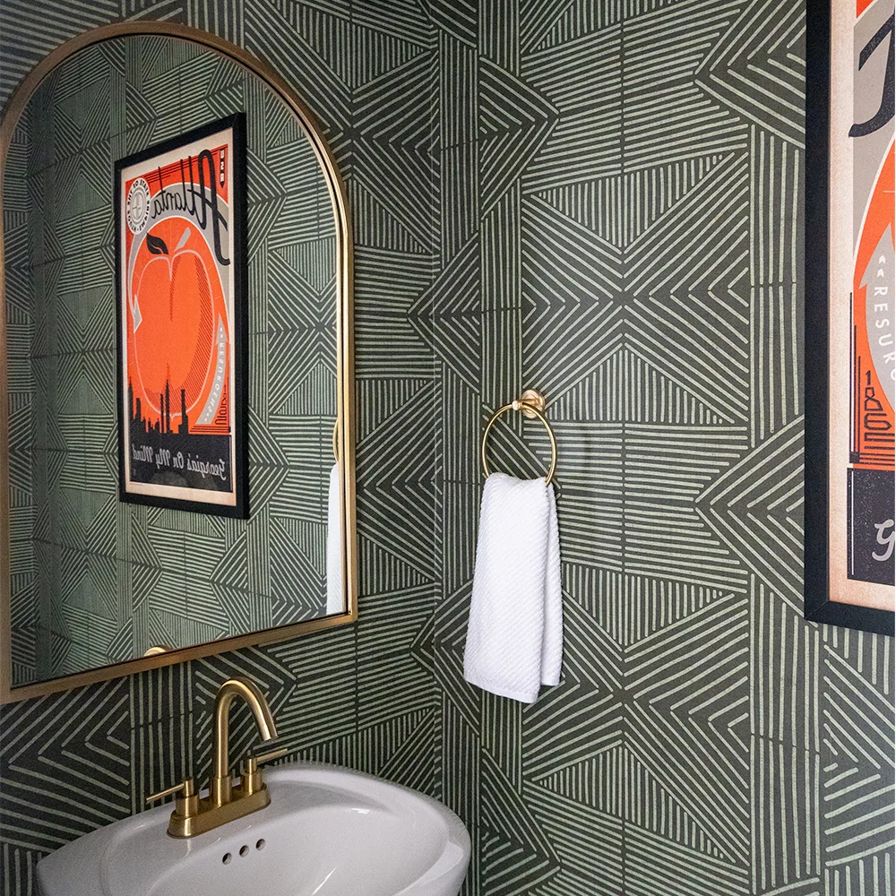 Olive Green Mudcloth Wallpaper in a bathroom.