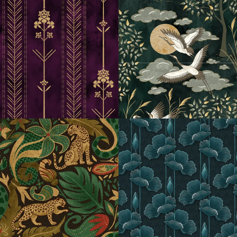 A grid of jewel-toned designs