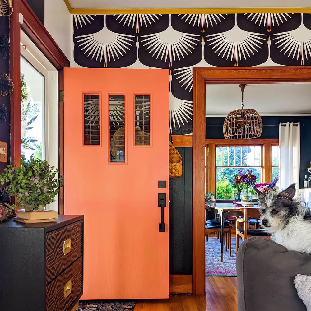 Entryway with black and white swans wallpaper and orange door.