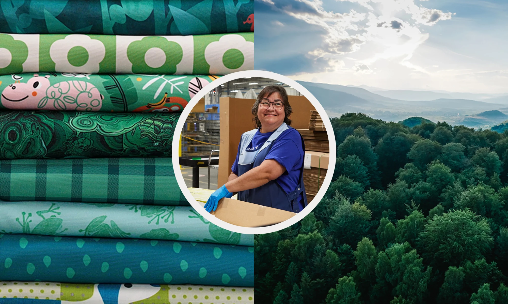Photo grid of a stack of fabric, a forest and a factory worker.