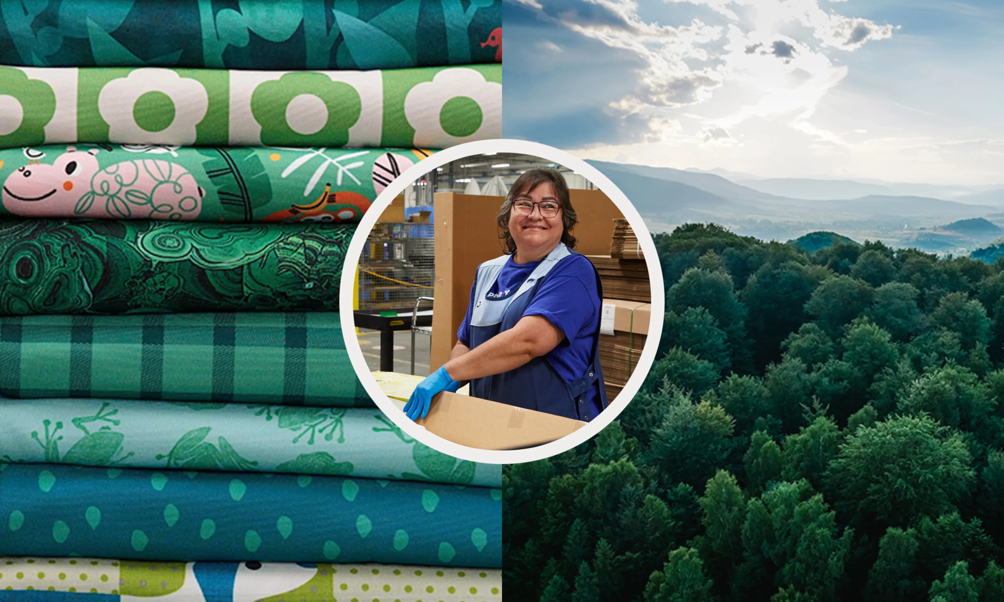 Photo grid of a stack of fabric, a forest and a factory worker.