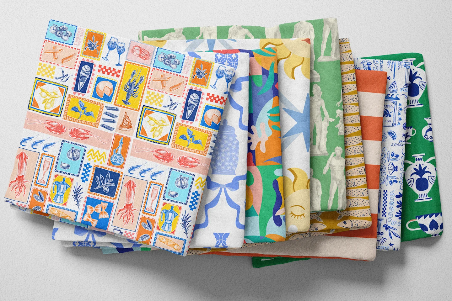 Colorful folded Spoonflower fabric with a retro Mediterranean theme