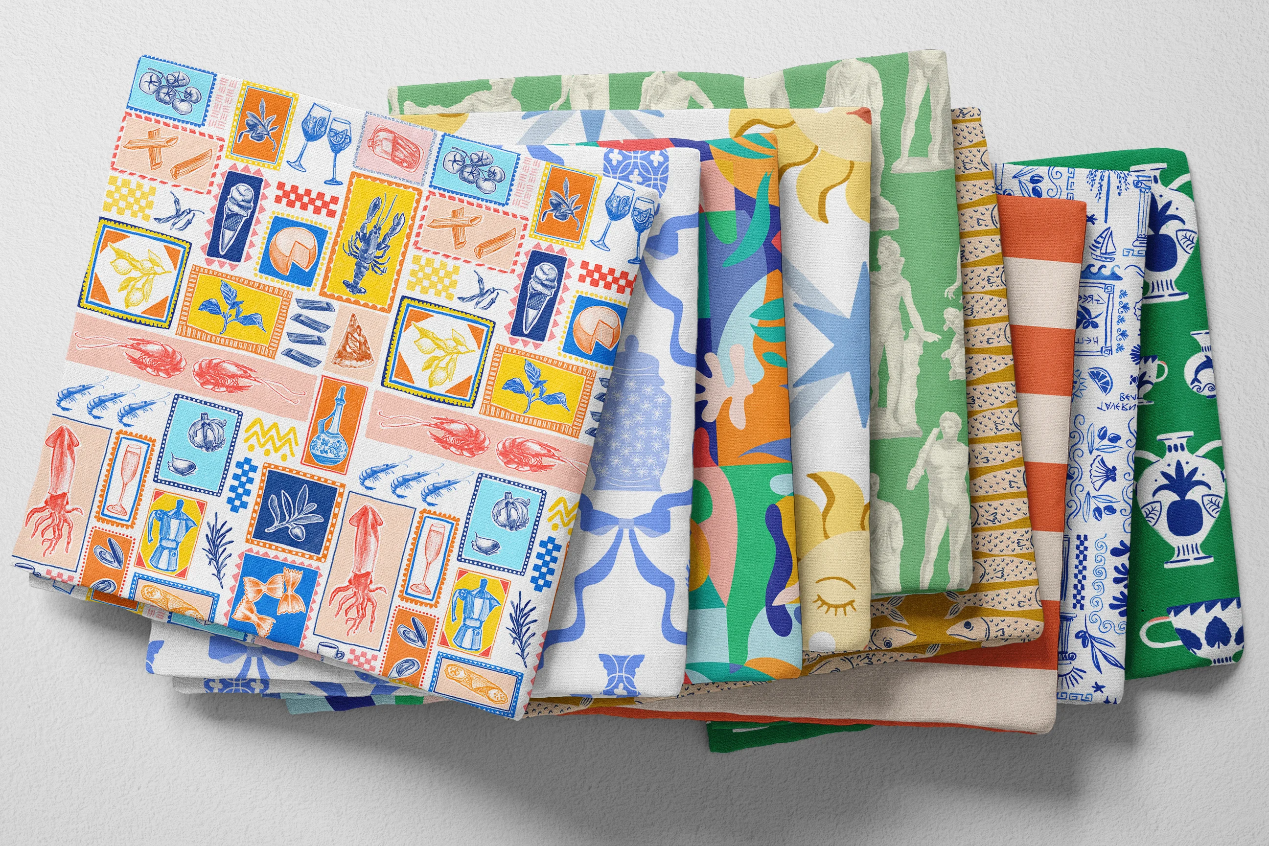 Colorful folded Spoonflower fabric with a retro Mediterranean theme
