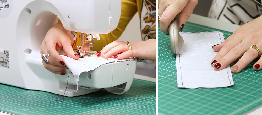 Columned photo with hands feeding fabric, print side down, through a sewing machine. The right image is hands cutting fabric design down, with a rotary blade.
