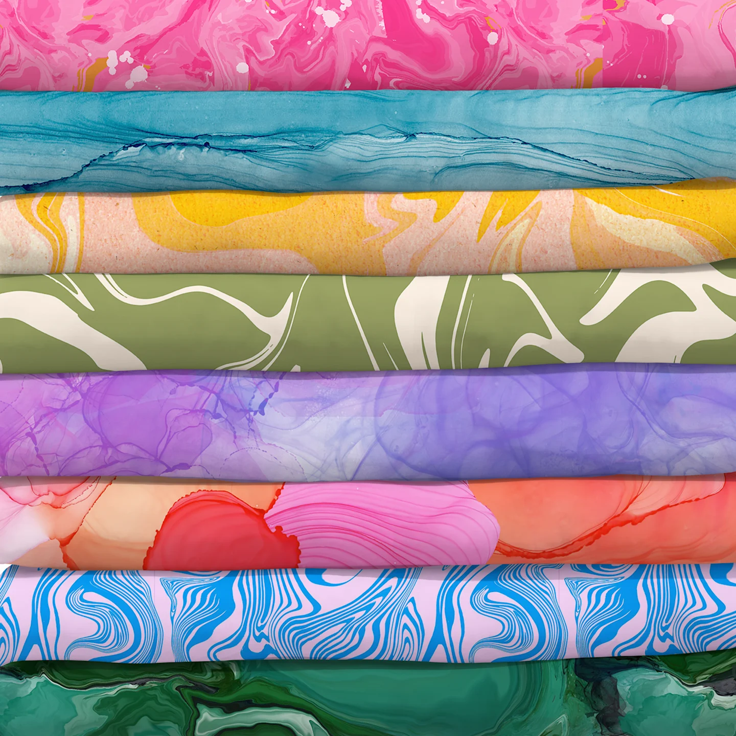 Stack of swirl printed fabrics