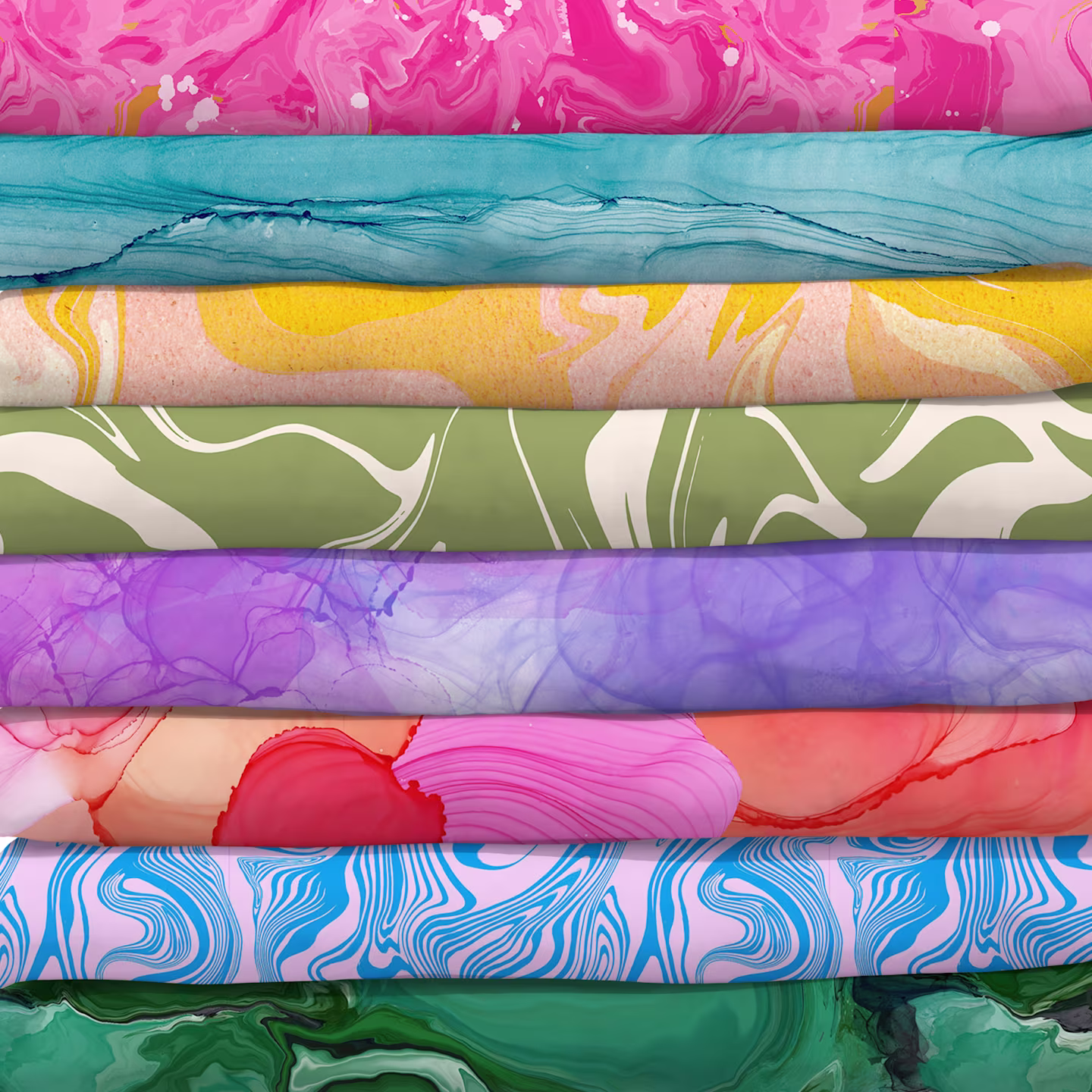 Stack of swirl printed fabrics