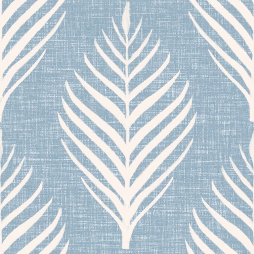 Linen Palm Frond - Cream on Soft Blue Wallpaper by michele_norris