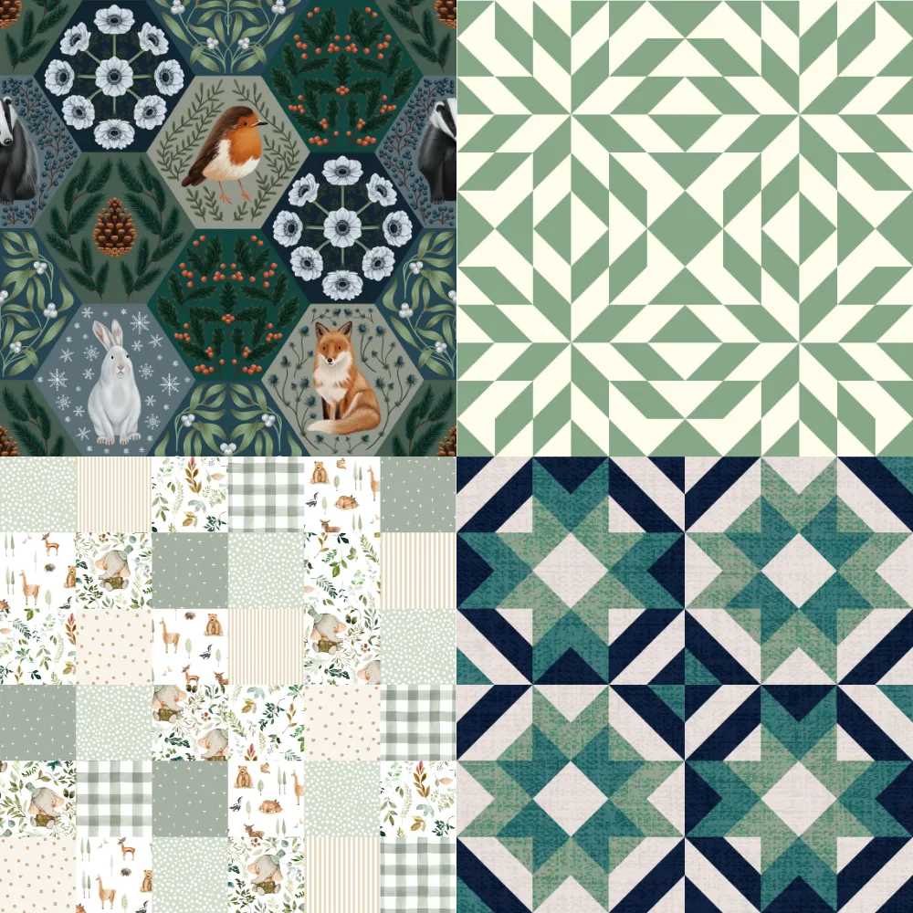 A grid of 4 cheater quilt designs from a selection of Spoonflower artists