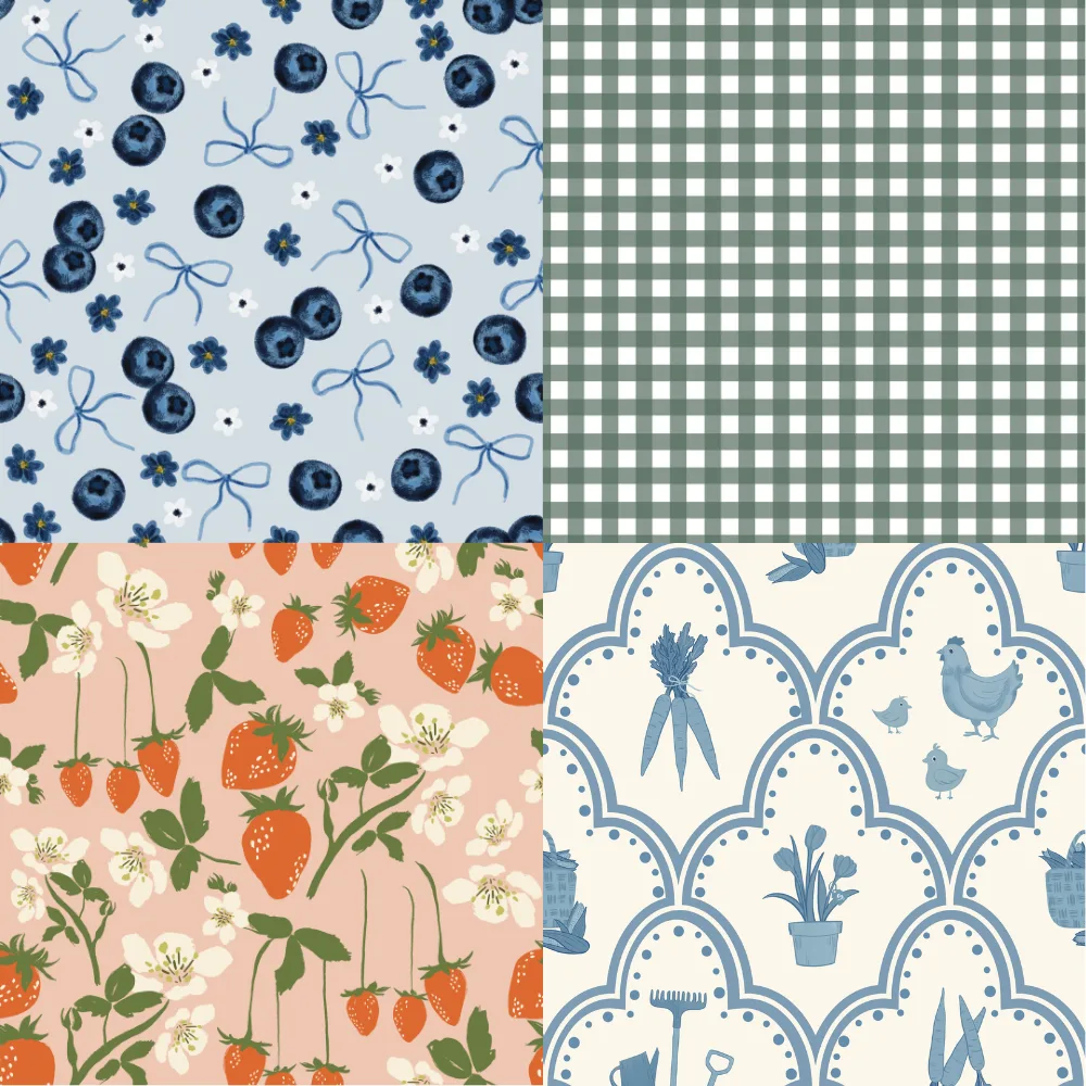 A grid of 4 farmer's market designs selected by the Spoonflower Style Editors