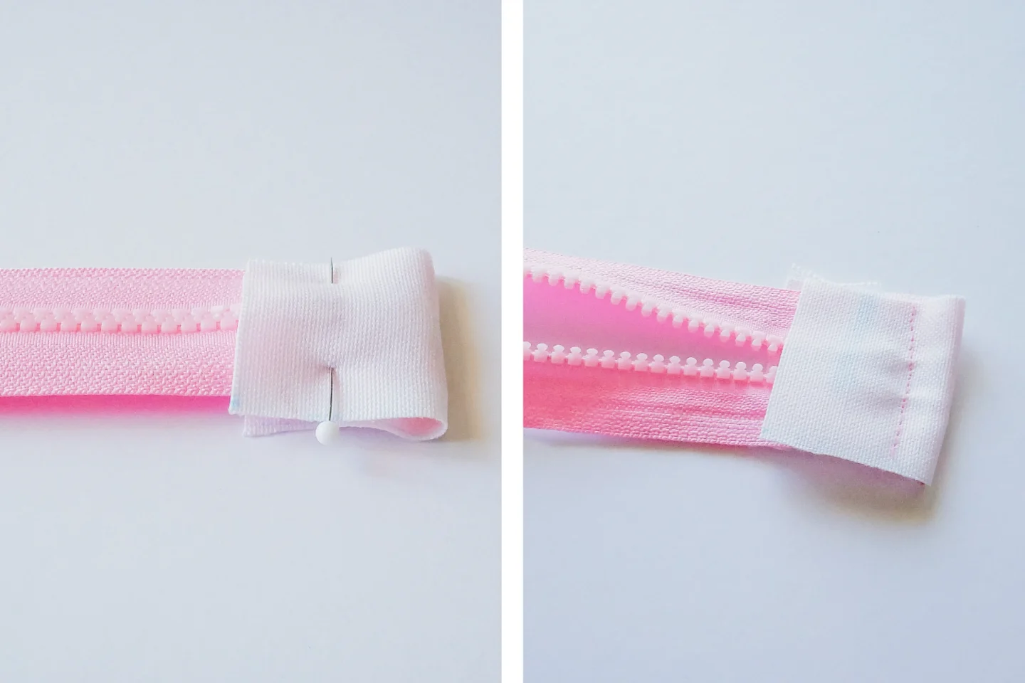 Two images have been placed side by side in one rectangle. On the left, A pink zipper is lying on a white surface. A small piece of fabric has been folded right sides together over the right edge of the zipper. A pin has been placed near the open end of t