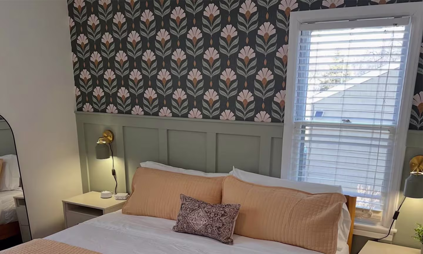 Bedroom with wallpaper in medium - Chiara - rustic green by scarlet_soleil.