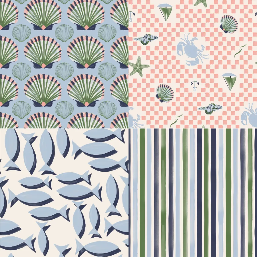 A grid of 4 coastal designs from gabrielleneildesign