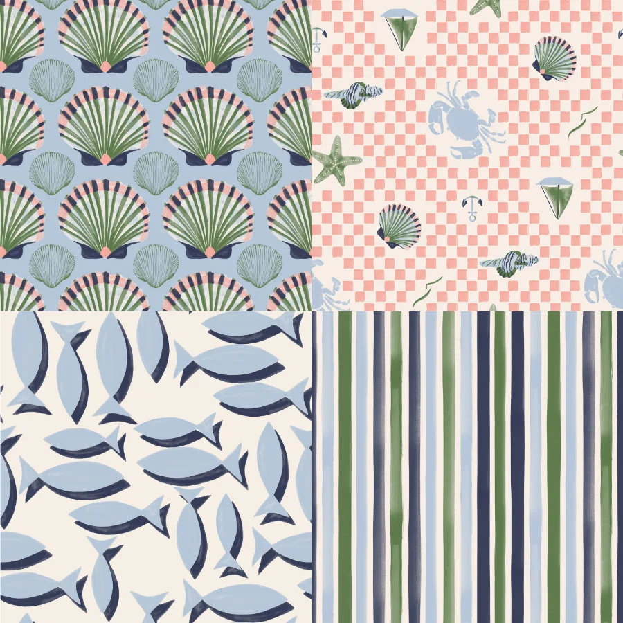 A grid of 4 coastal designs from gabrielleneildesign