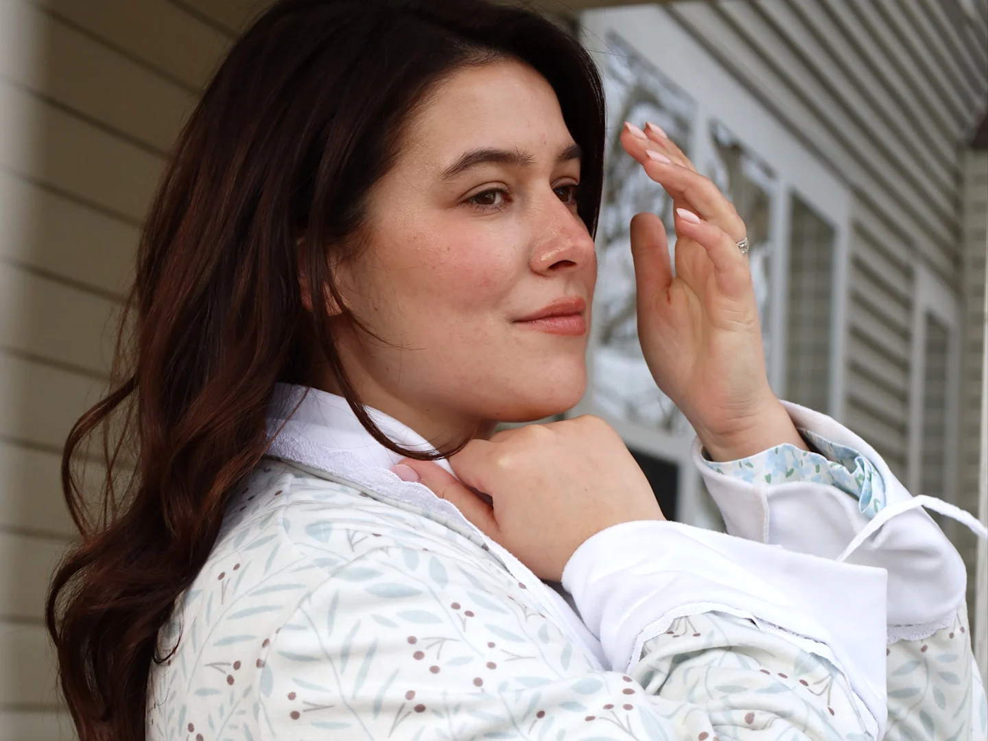 Gabriela Fasola in her handmade robe created with Spoonflower Polartec fleece